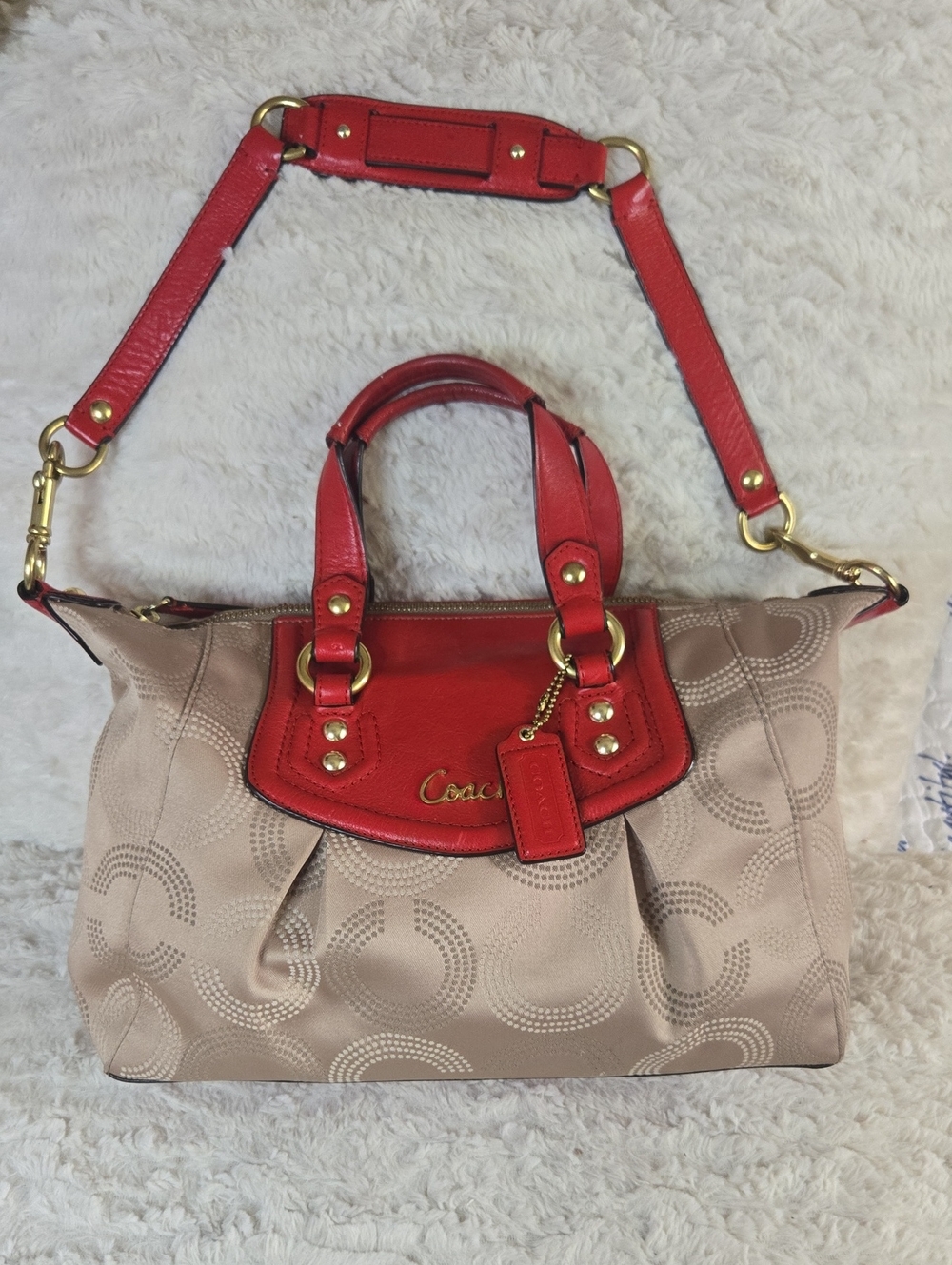 Coach Beige Signature Satchel with Red Leather Accents EUC
